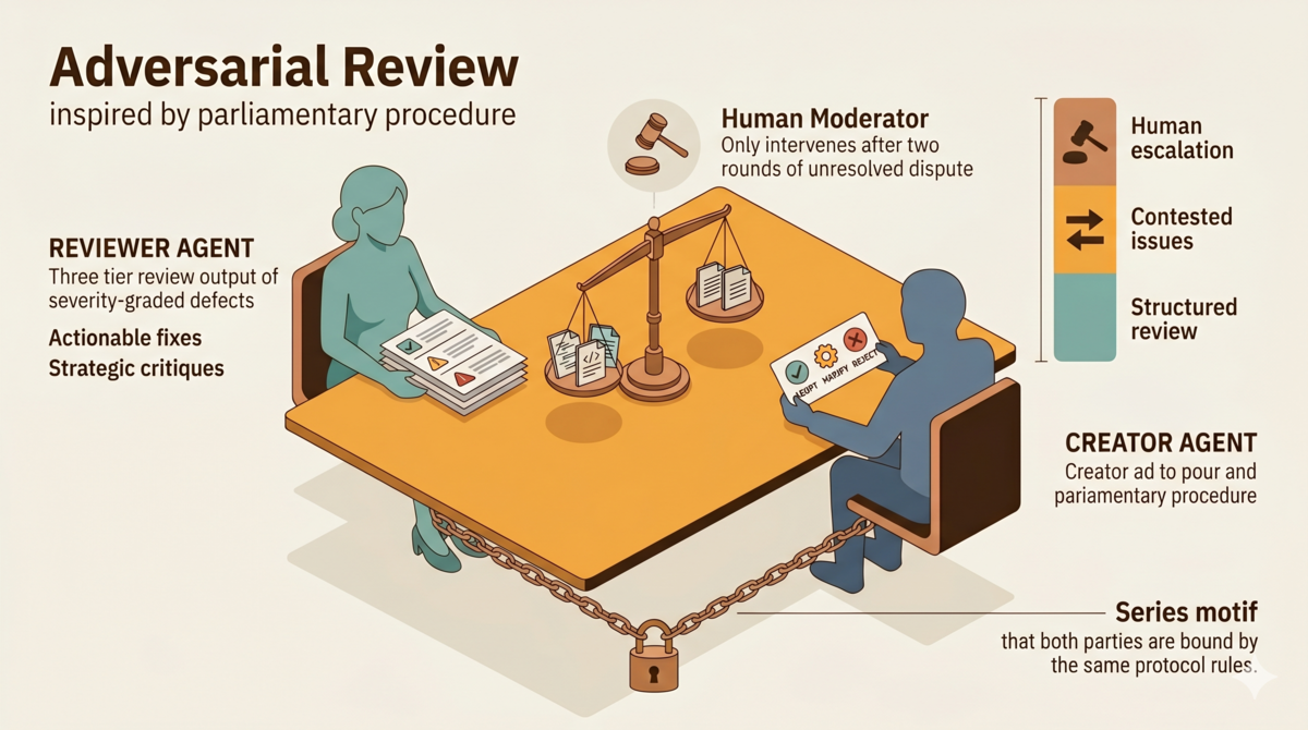 Procedural justice encoded: adversarial review where every decision is verifiable