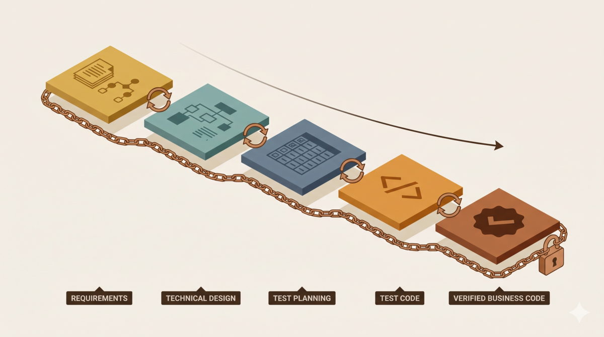 Pipeline from requirements to code, each stage catching what the previous one missed