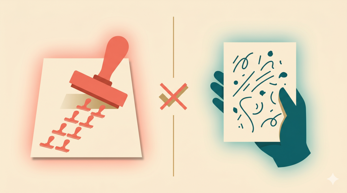 Left: a stamp copying identical patterns. Right: freeform marks for independent thinking. Red X marks the imitation path as wrong