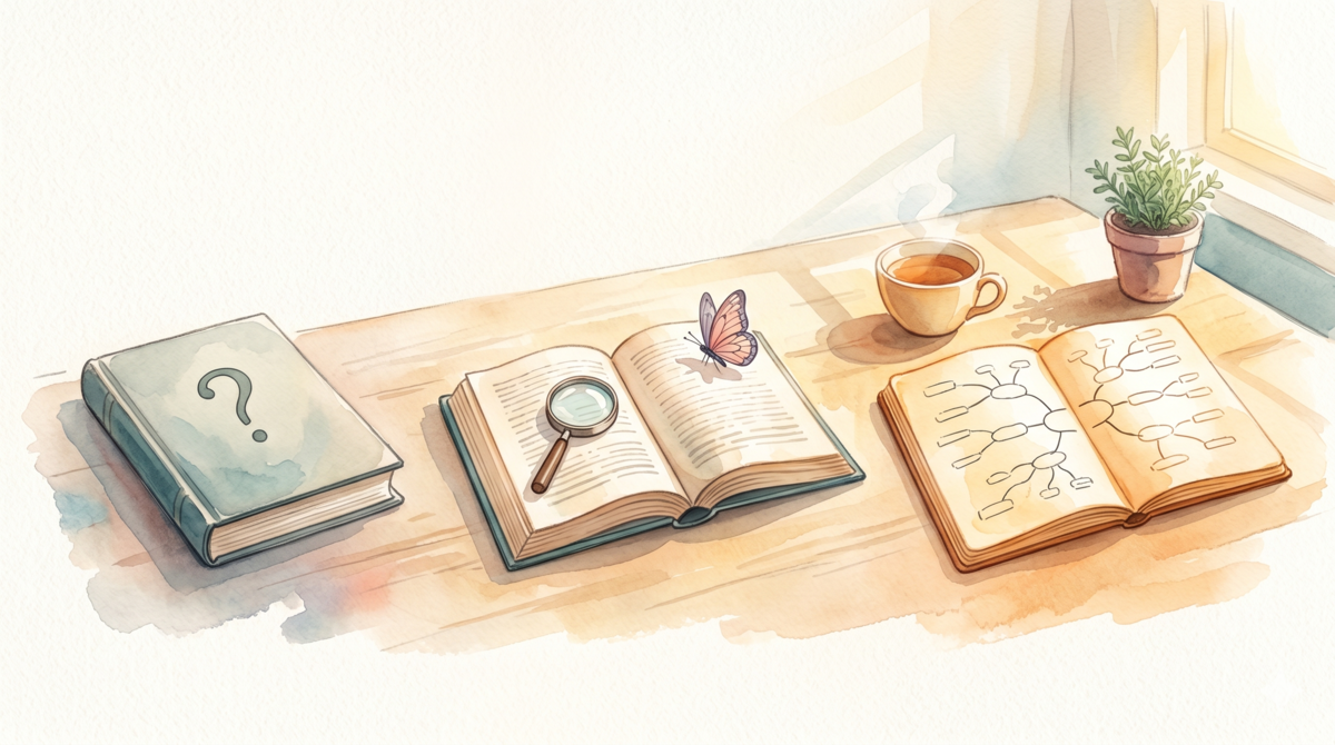 Watercolor illustration: three books progressing left to right — closed book with question mark, open book with magnifying glass, open notebook with mind map, symbolizing three cognitive shifts