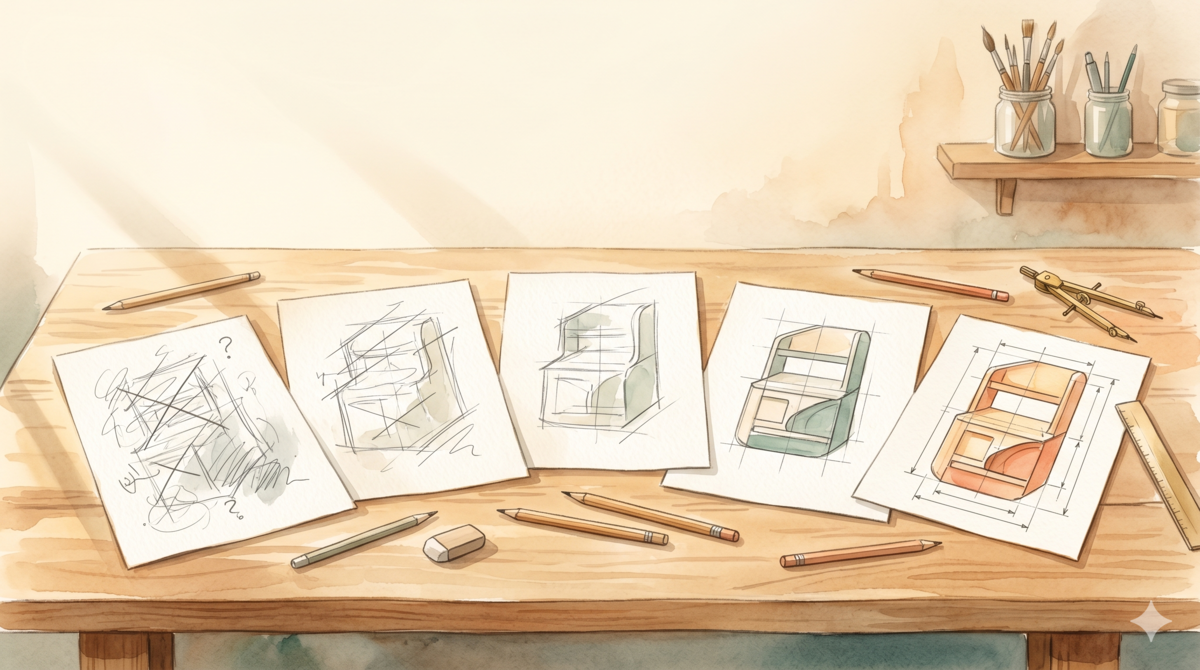 Watercolor style: a workbench with five woodworking sketches progressing from rough to refined, symbolizing how the same request gets rewritten from vague to precise