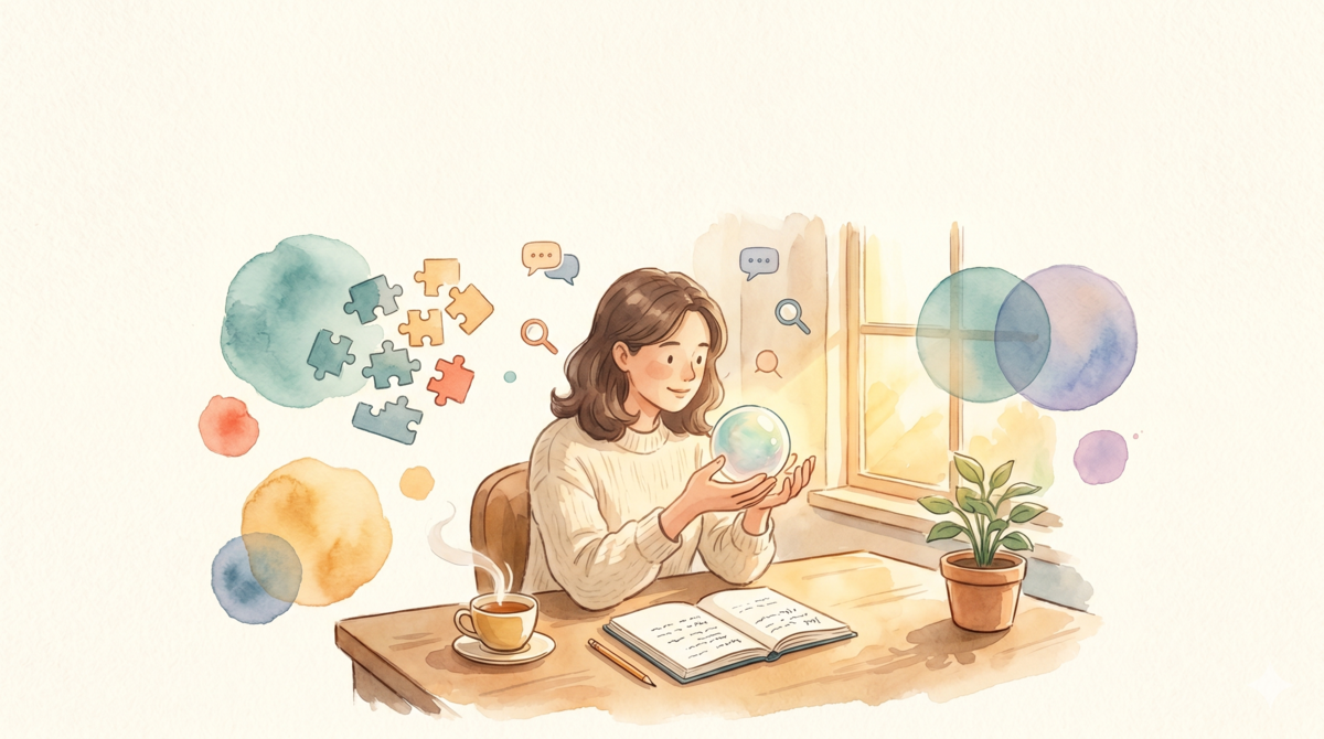 Watercolor illustration: a person at a cozy desk, holding a glowing translucent orb representing the essence of understanding LLMs