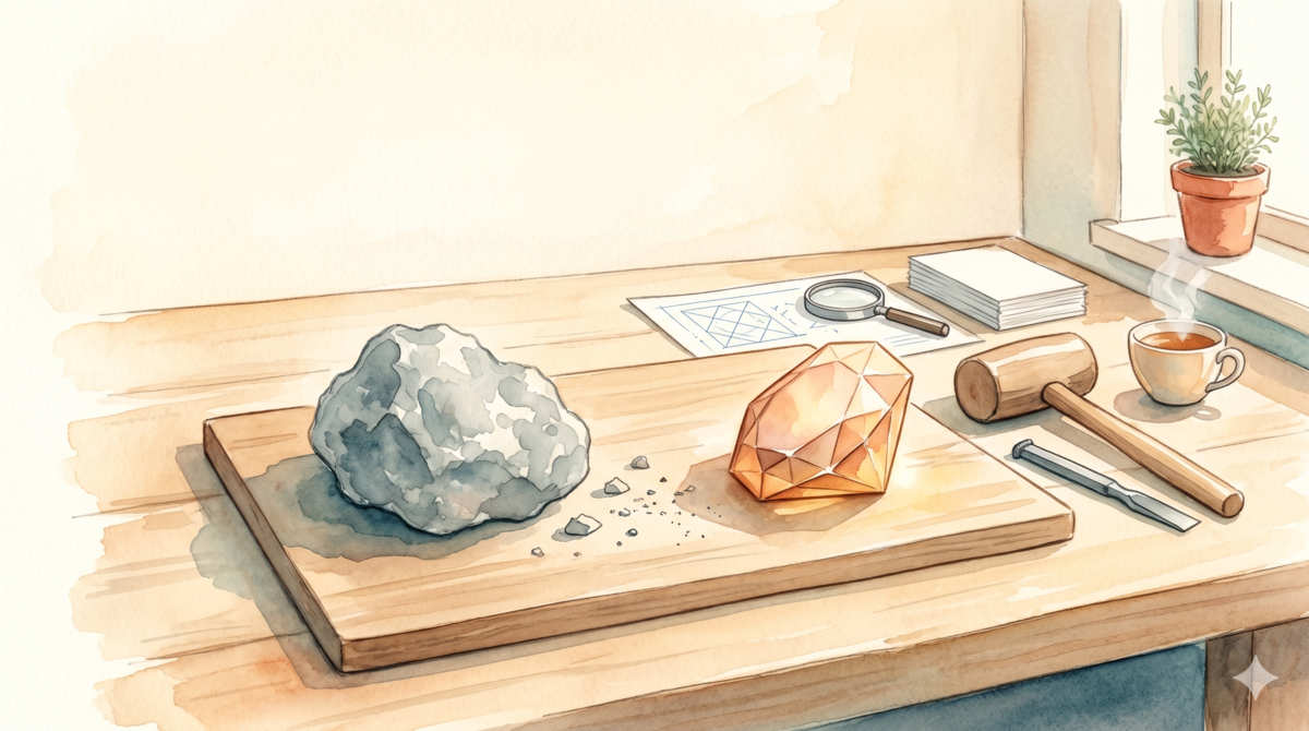 Watercolor still life: rough unpolished stone beside a faceted gemstone, symbolizing the refinement from vague to precise prompts