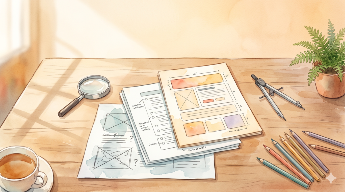 Watercolor illustration: two people across a large table covered in notes and sketches, deep in discussion — symbolizing iterative collaboration through multi-turn conversation