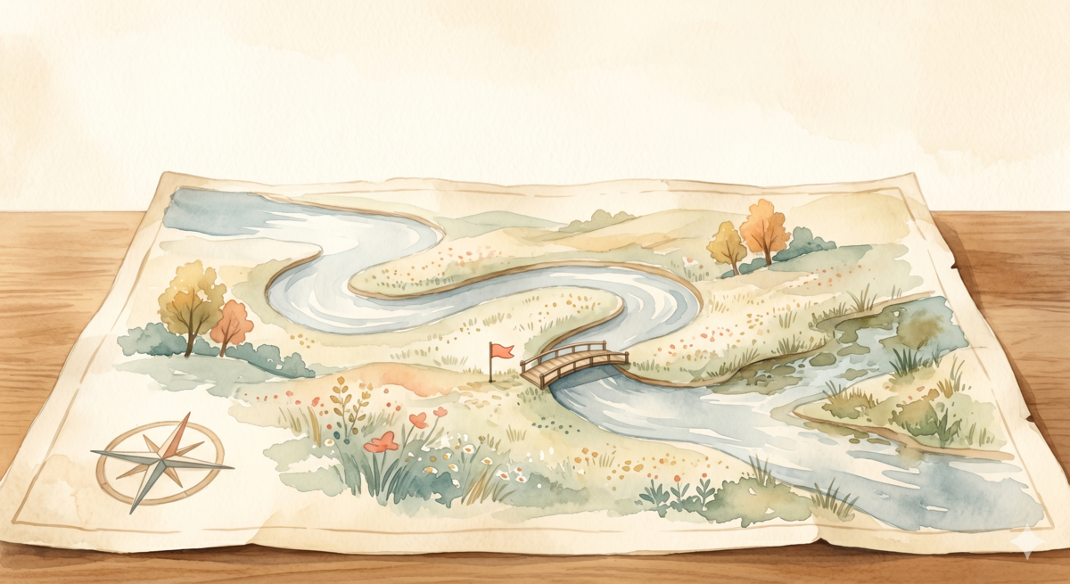 Watercolor style: a winding river flows from upper left to lower right, with a small ferry crossing marker in the middle, symbolizing a progress calibration point in a long conversation