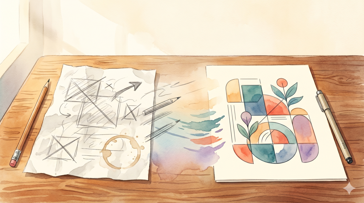 Watercolor illustration: a rough pencil sketch on the left transforming into a polished drawing on the right, connected by a soft arrow, symbolizing the rewrite from vague to precise
