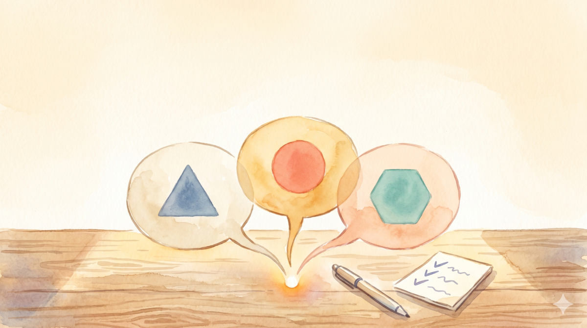 Watercolor illustration: three speech bubbles from one source, each with a different shape, symbolizing different answers to the same question
