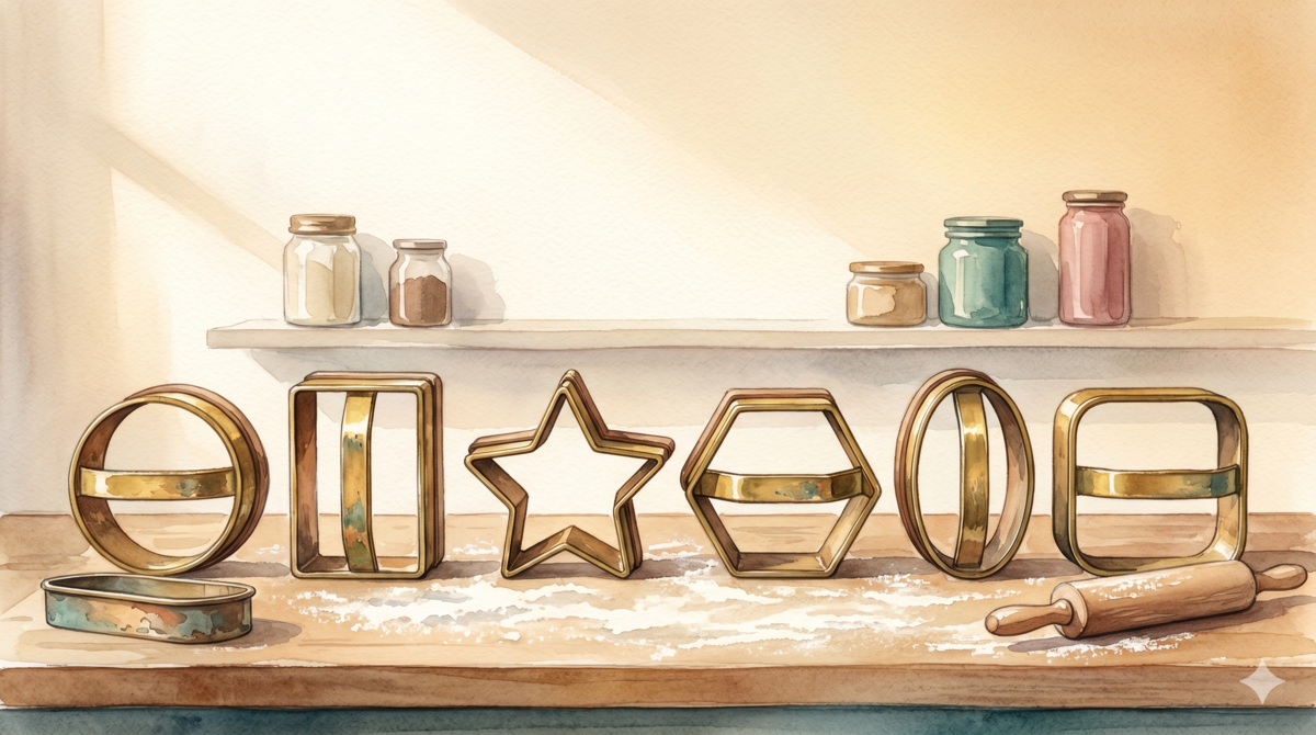Watercolor style: six molds in a row, each labeled with a different geometric shape, symbolizing different output format constraints