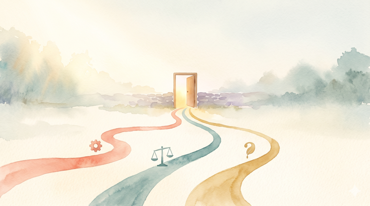 Watercolor style: three guide lines in signal-light colors converging on a door — green labeled reasoning, yellow labeled trade-offs, red labeled assumptions — symbolizing the three signals that trigger CoT