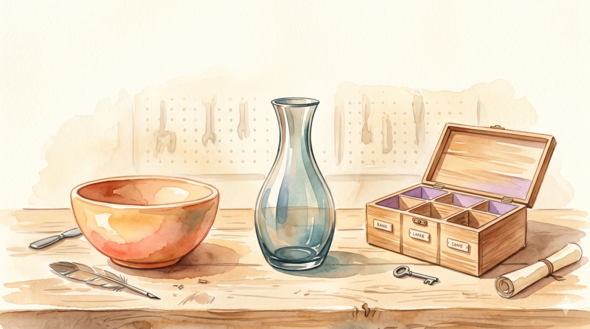 Watercolor illustration: three artisan tools on a warm wooden workbench — a wide terracotta bowl, an elegant glass carafe, and a segmented wooden organizer — each suited for different tasks, no ranking implied