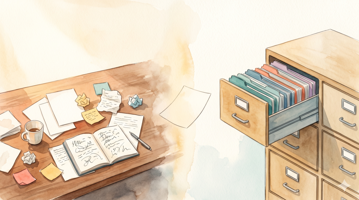 Watercolor illustration: a cluttered desk on the left, a neat filing cabinet on the right, separated by a dashed line — symbolizing working memory vs. long-term memory