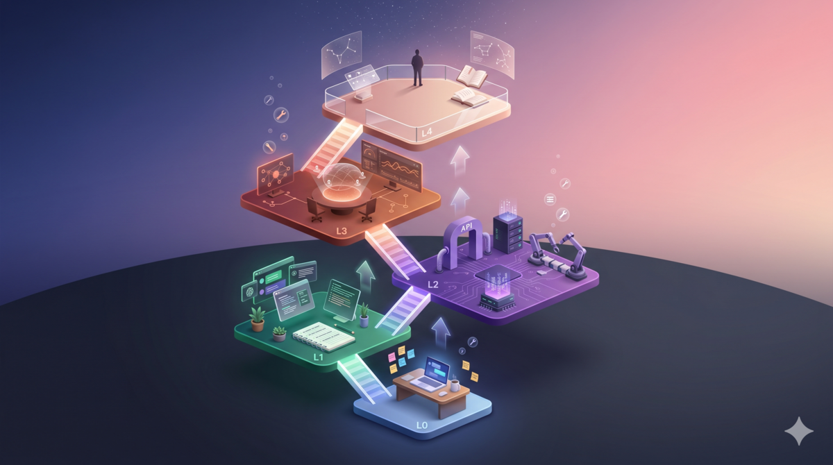 AI Toolchain Evolution Path panorama — five levels from First Contact to AI Native