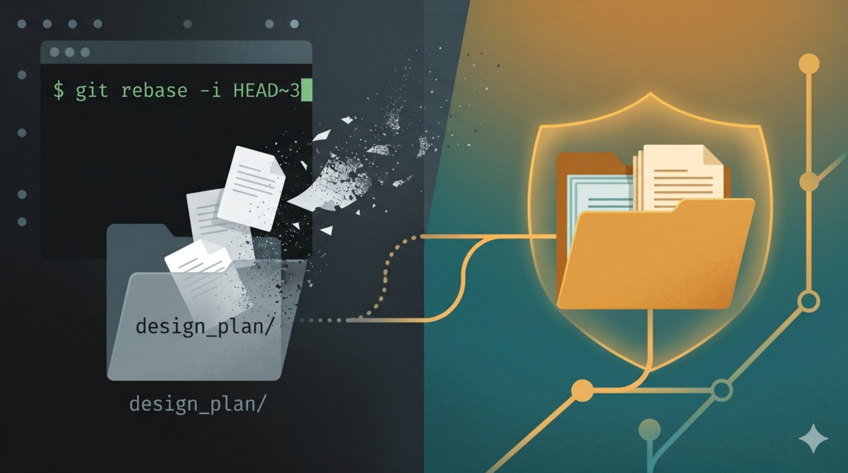 Design docs dissolving after git rebase, a git worktree branch shielding them safely