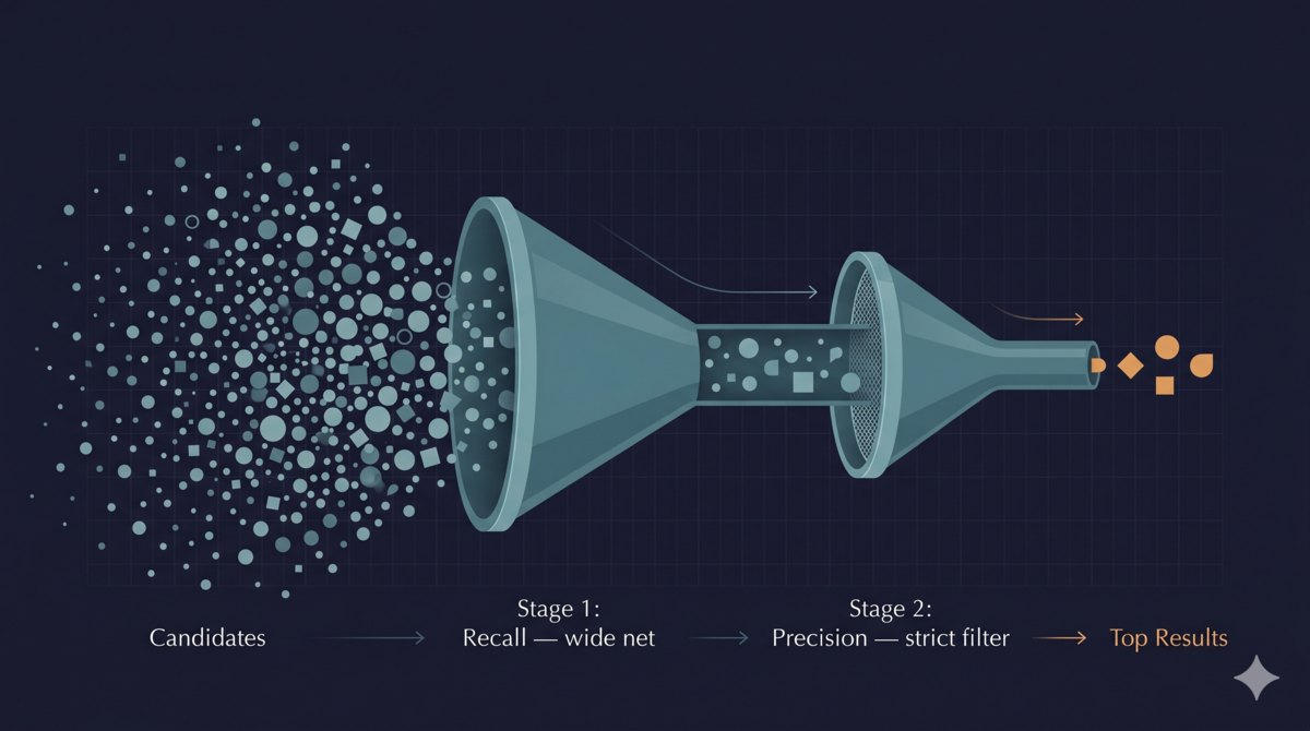 Cascade architecture: a wide-mouth recall funnel catches many candidates, then a narrow precision filter outputs only a few high-quality results