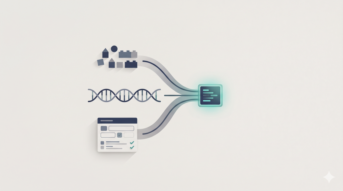 Holland 的建筑模块、Wang 的策略基因和 EvoMap 的 Gene 格式汇聚成 prompt 基本单元