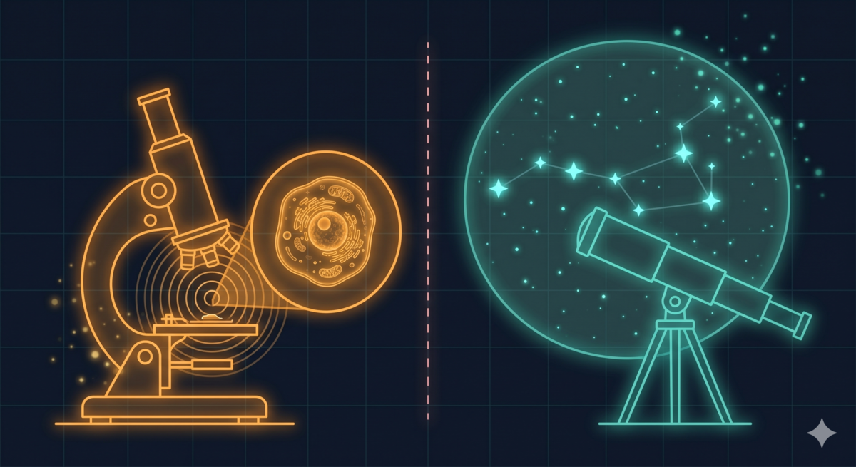 A microscope and a telescope side by side, with a dashed line between them labeled 'the invisible blank layer'