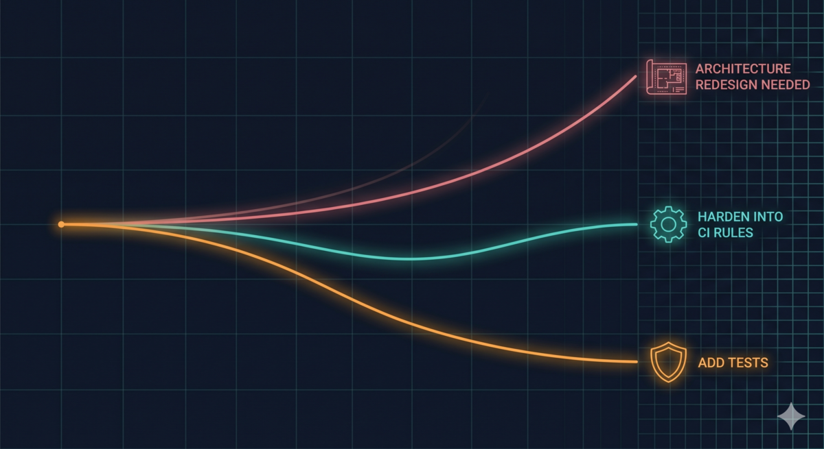 Three lines diverging from a single point, splitting into tests, CI rules, and architecture redesign as complexity grows