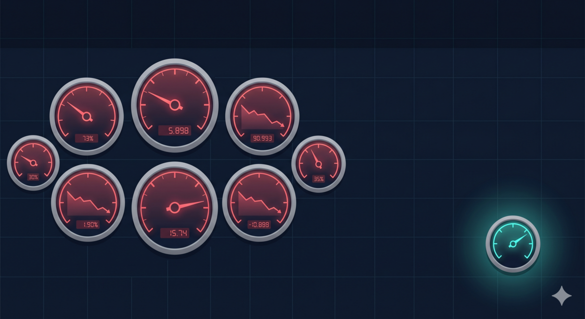 An experiment dashboard where every expected metric shows red — except one gauge in the corner, glowing green