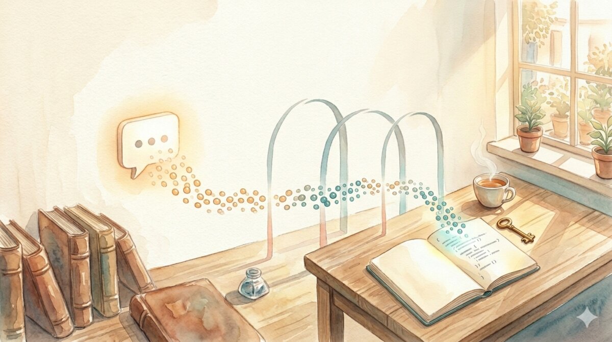 水彩风格：聊天气泡化为 token 流，流入桌面上的笔记本和铜钥匙