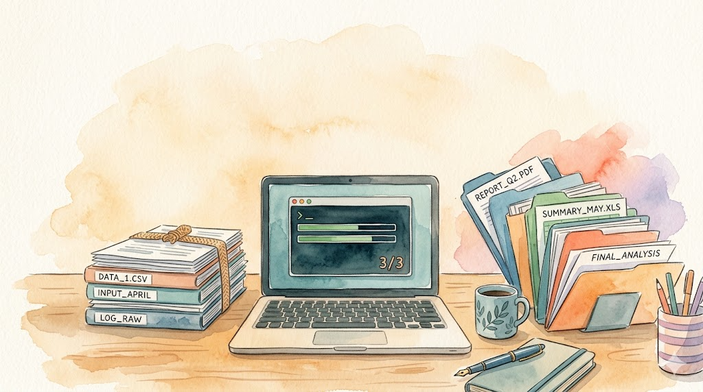 Watercolor illustration: a tidy desk with a laptop showing green progress bars and a 3/3 completion badge, files stacked on the left, fanned out on the right