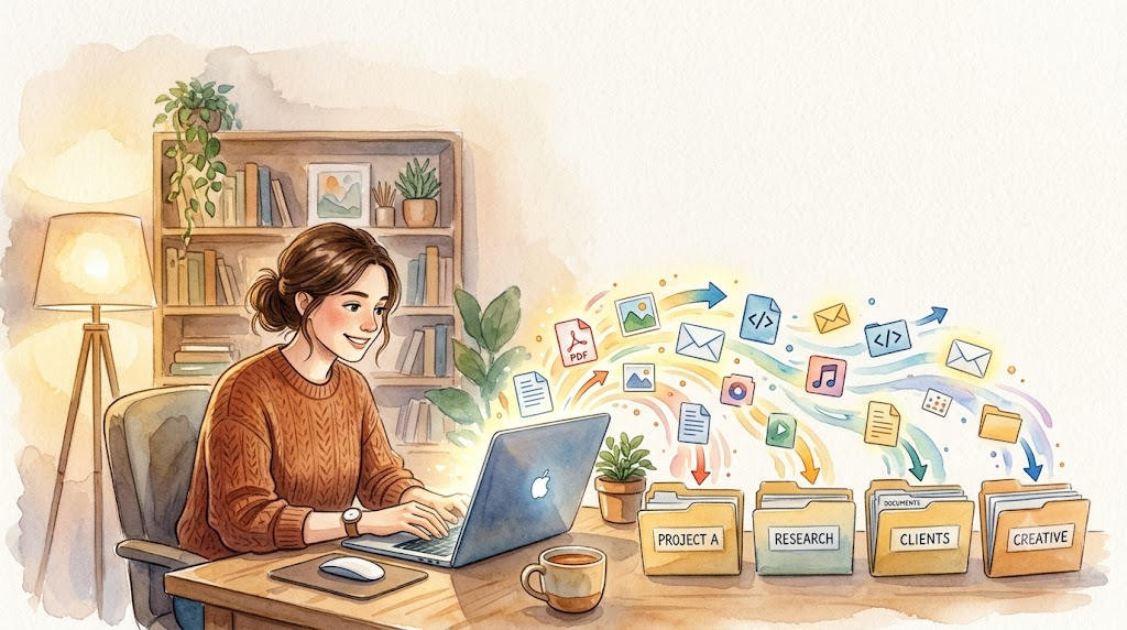 Watercolor: person sitting at computer with AI auto-organizing folders, scattered file icons nearby