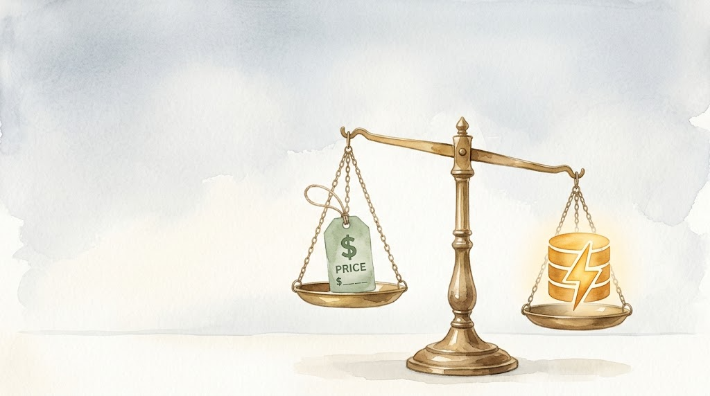Watercolor: a scale balancing a price tag on one side and a cache symbol on the other, representing the trade-off between cost and efficiency