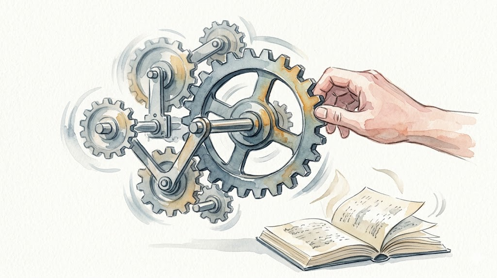 Watercolor: a gear mechanism frozen mid-rotation, a hand reaching in to push, an open rulebook below