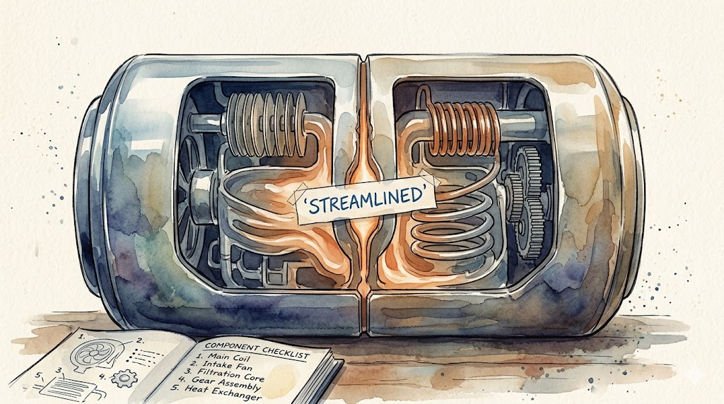 Protocol drift: a pristine machine exterior with two chambers quietly fused inside