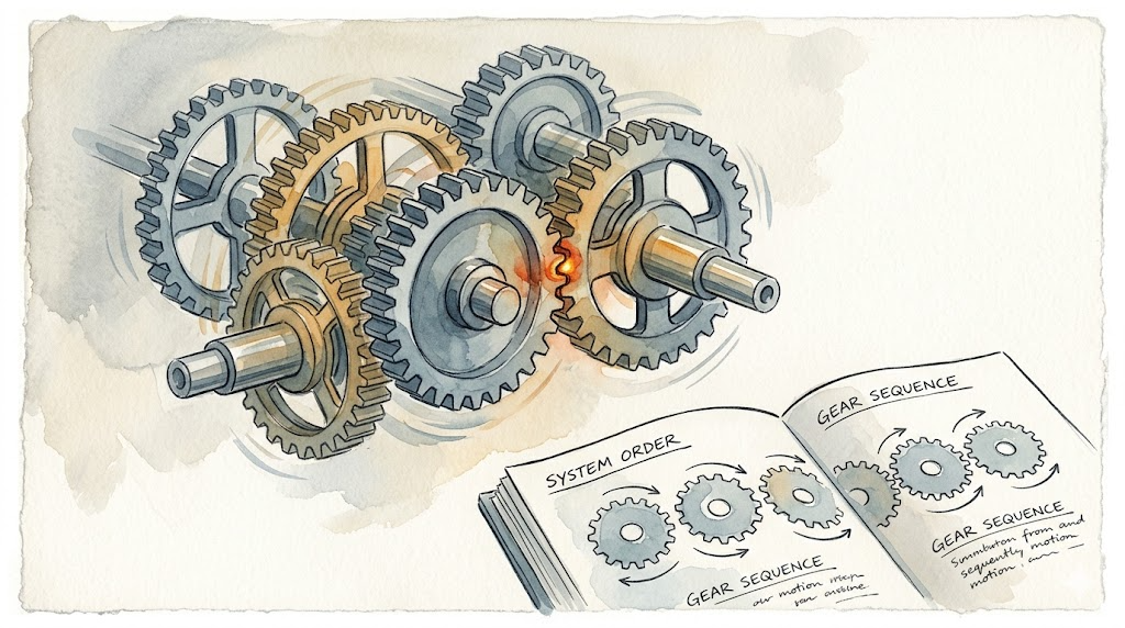 Watercolor: gears appear to run normally, but two critical gears in the center have been quietly welded together