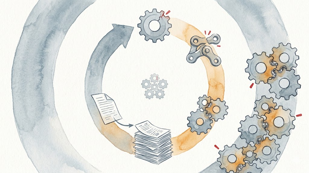 Positive feedback loop: self-reinforcing spiral of protocol drift, amplifying each round