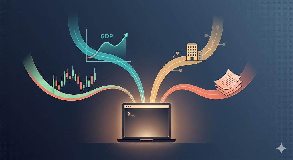 A terminal window emitting four data streams: stock quotes, GDP curves, corporate info, academic papers, all flowing from a single source