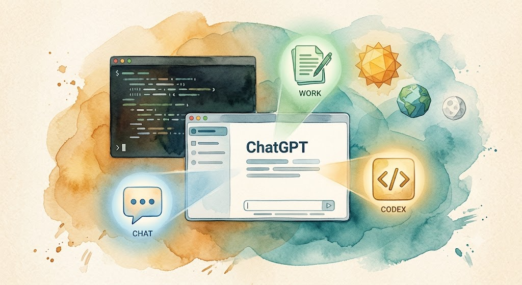 水彩风格：ChatGPT 桌面应用窗口悬浮在中央，Chat/Work/Codex 三种模式图标环绕，背后是代码滚动的终端窗口，三个几何图形代表 GPT-5.6 的 Sol/Terra/Luna 三款模型