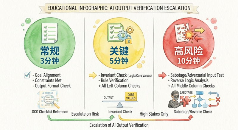 验证分级梯度：GCO 对照 → 不变量检查 → 逆向检查