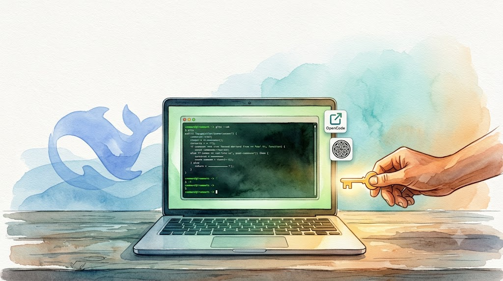 Watercolor: an open laptop with a terminal screen, OpenCode and Zen icons floating nearby, a hand inserting a key into a lock