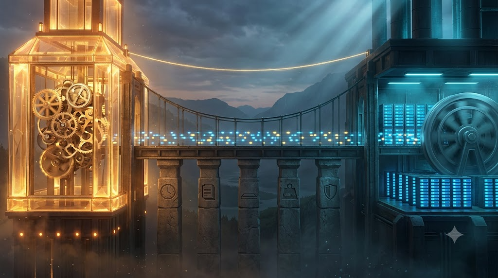 Split architectural structure, left warm amber TypeScript tower, right cool cyan Python engine room, central subprocess bridge with five constraint pillars