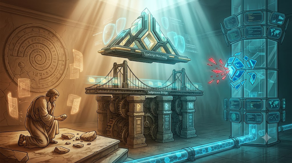 Watchdog-Intervention Bridge three-layer architecture transitioning from post-mortem reflection (warm amber) to real-time interception (cool cyan)