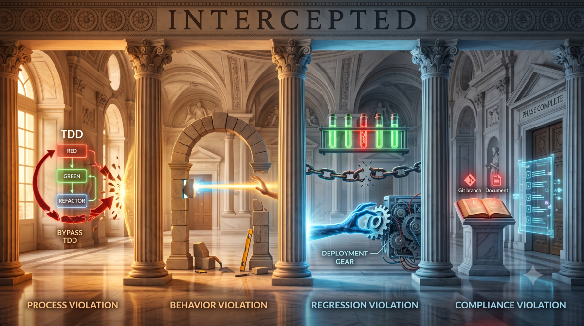 Four violation types intercepted in real time Four violation types: Process, Behavior, Regression, Compliance. Intercepted the moment they occur.