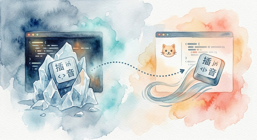 Watercolor: an IME icon stuck in front of Warp, then gliding smoothly past Kitty