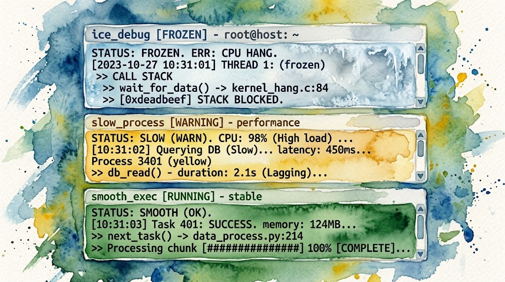 Watercolor debug matrix: frozen red Warp at top, sluggish yellow diagnosis in middle, smooth green Kitty at bottom