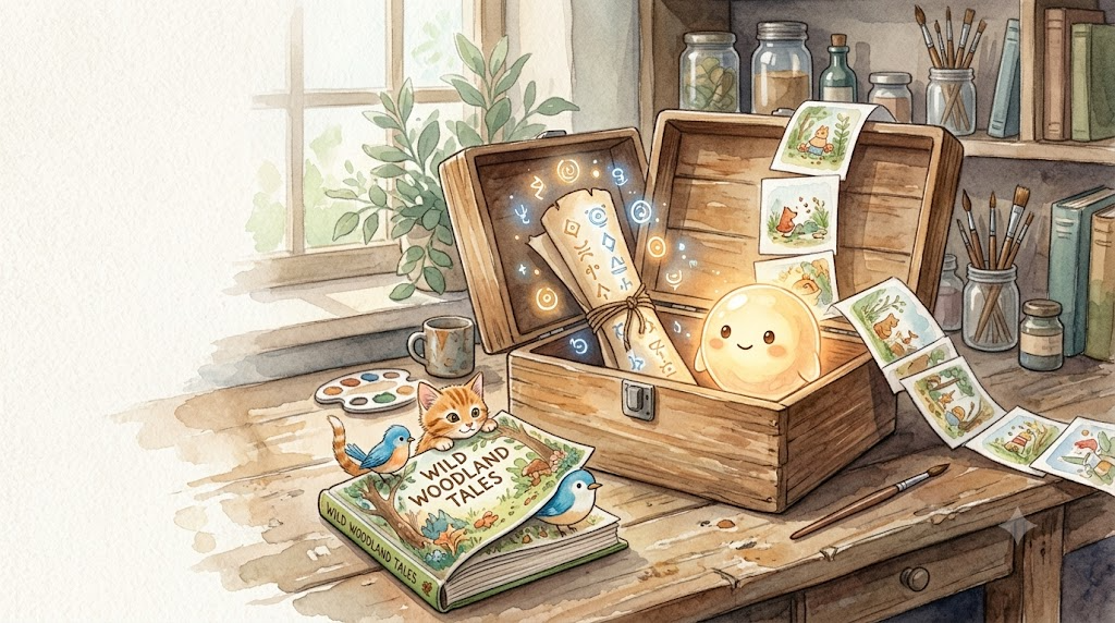 Watercolor: a toolbox holding a code script and an AI agent, beside pages of a children's picture book being batch-generated