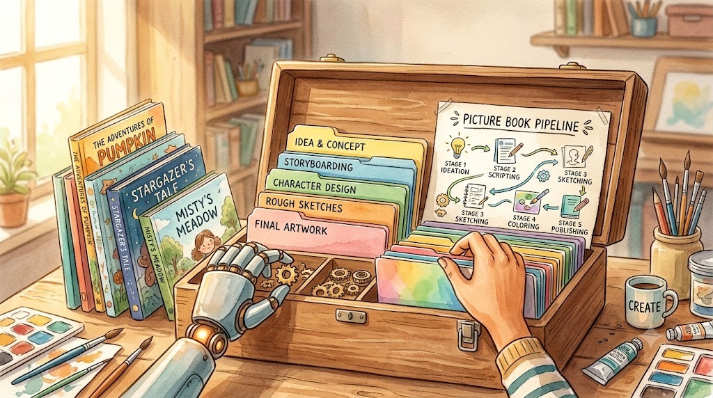 Watercolor: six cards arranged in a circle labeled GOAL, FLOW, LIST, PLAN, BUILD, TEST, with a folder in the middle. Six conversations turning a workflow into a skill kit.