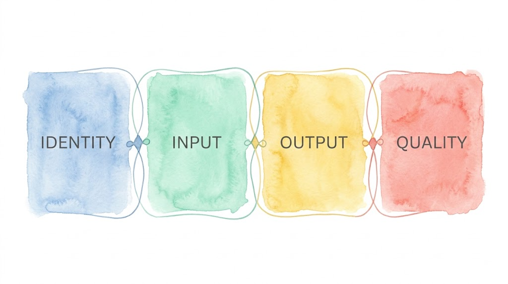 Four watercolor cards forming a role document: IDENTITY, INPUT, OUTPUT, QUALITY