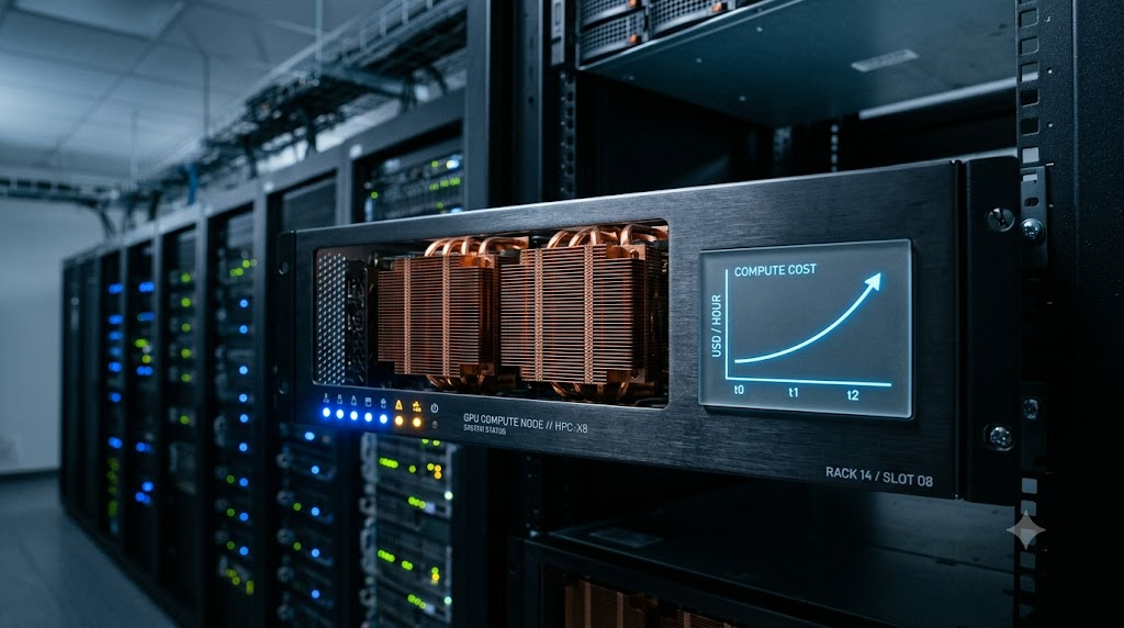 Close-up of a GPU server rack in a data center, with a frosted glass panel showing an upward cost curve. Compute costs are real, but they don&rsquo;t explain the timing of the announcement