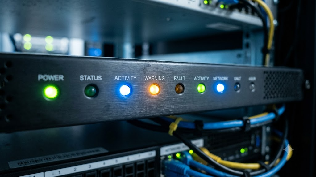 Close-up of a row of status LEDs on a GPU server front panel. Blue, amber, and a few green lights, some lit, some dark. Every item on the signal list is observable, like this row of LEDs