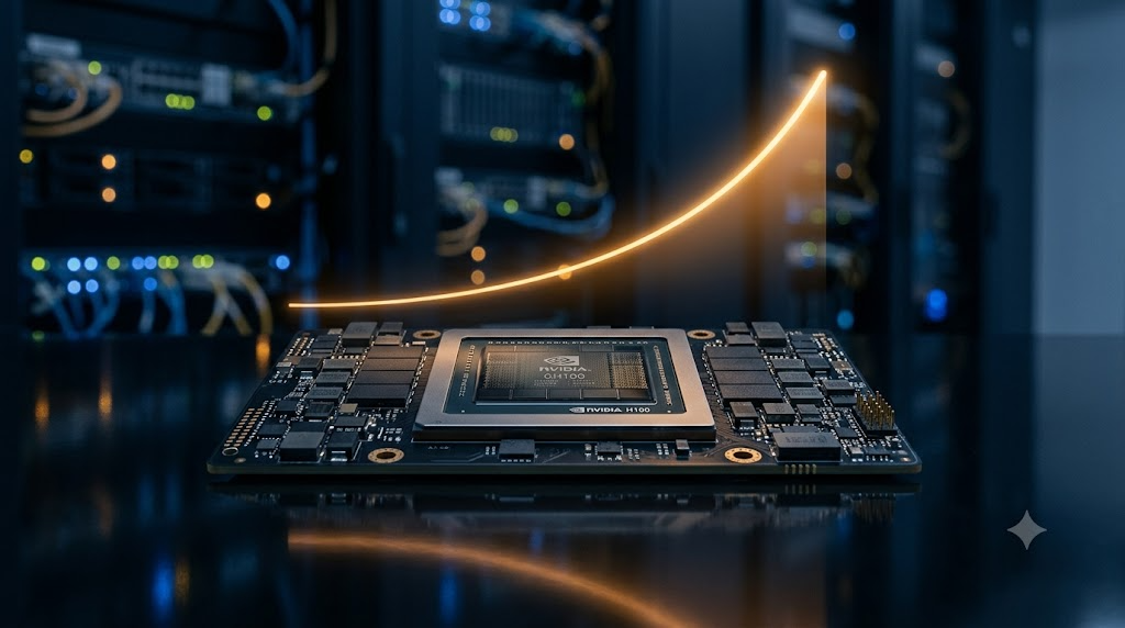 Close-up of a modern GPU processor chip on a dark reflective surface, an amber upward curve glowing above it. Value-based pricing: what sustains a price increase shifts from more parameters to a stronger ability to complete work