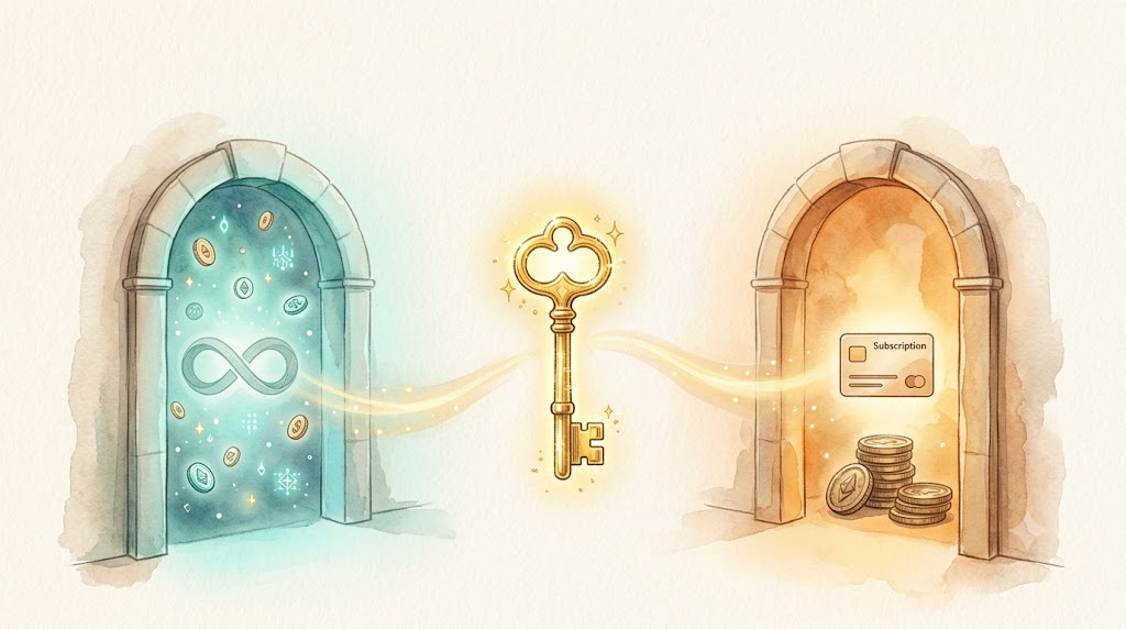 Watercolor painting of a brass key before two arched doors, representing the Zen and Go services