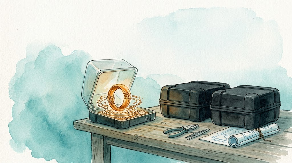 Watercolor: on a workbench, a small machine's translucent casing is lifted to reveal a glowing circular gear mechanism, two sealed black boxes standing beside it