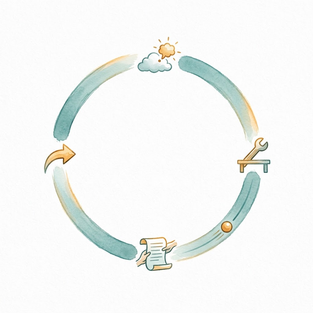 The four-step agent loop: a cloud proposes, a wrench executes, a scroll feeds the result back, a curved arrow starts the next round
