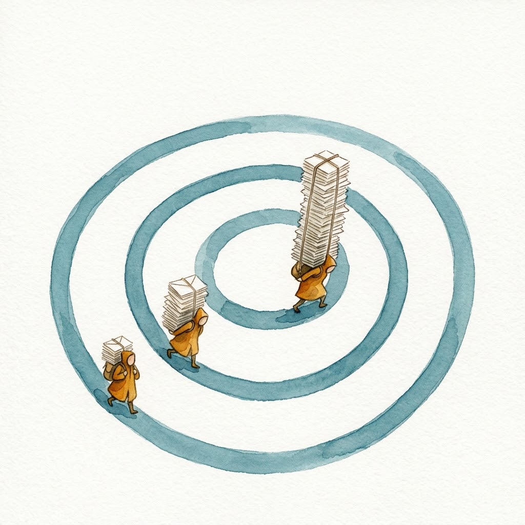 Every extra round resends the full context: a messenger walking the loop, the paper stack on its back growing taller each lap
