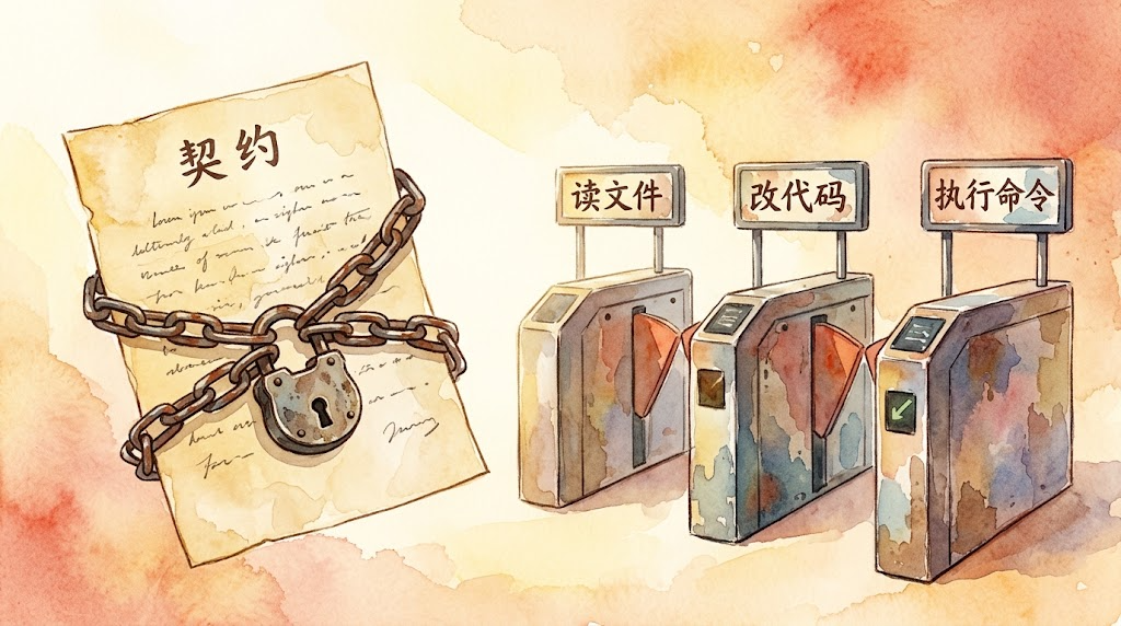 Watercolor style: A contract document locked with chains, beside three checkpoint gates labeled "read files", "modify code", "execute commands"